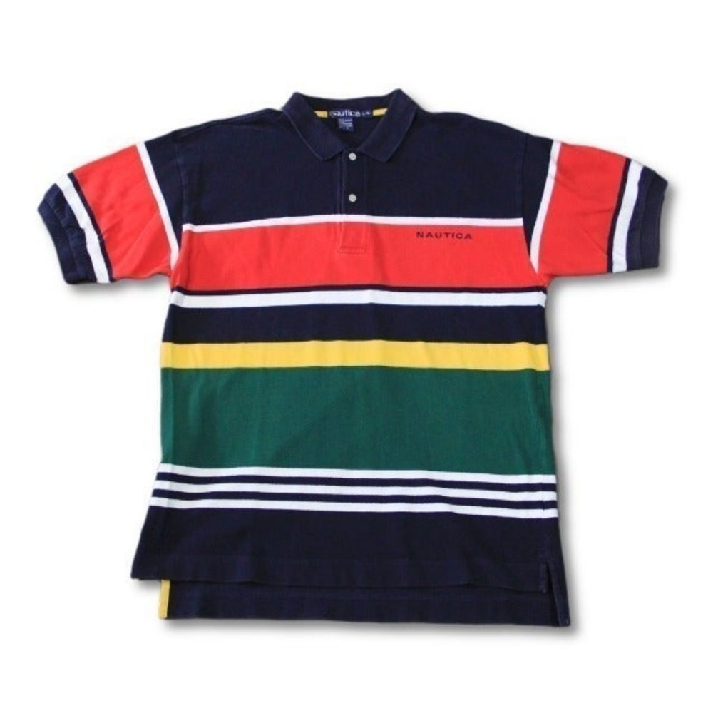 Vtg Nautica Polo Shirt Mens Size Large Multi Color Short Sleeve Rugby Spell Out